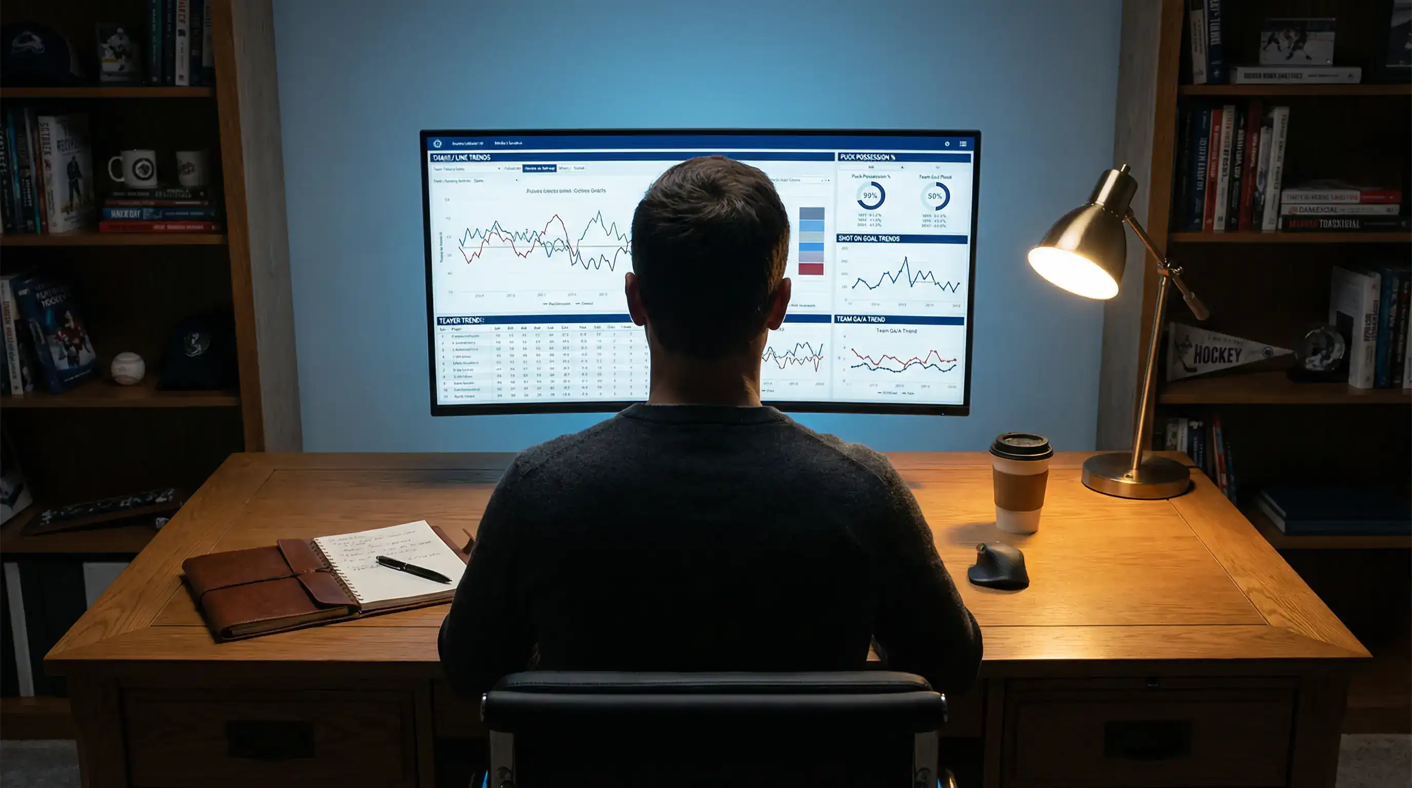 Persona analizando datos de hockey NHL en pantalla con gráficos de tendencias y estadísticas de equipos