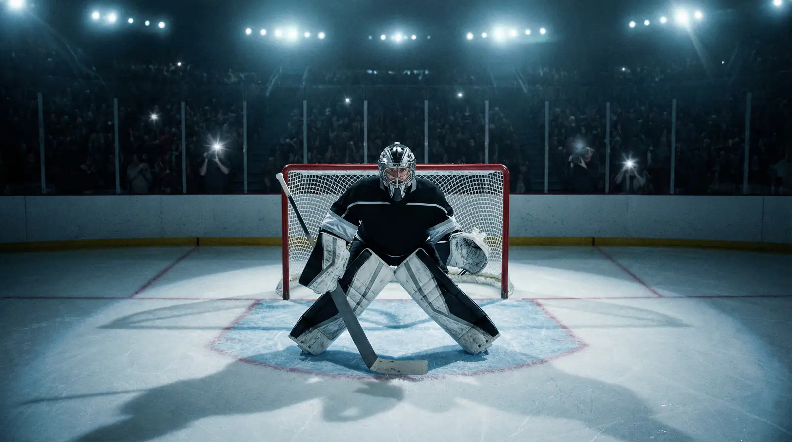 Portero de hockey NHL en posición de bloqueo durante un partido profesional en la pista de hielo