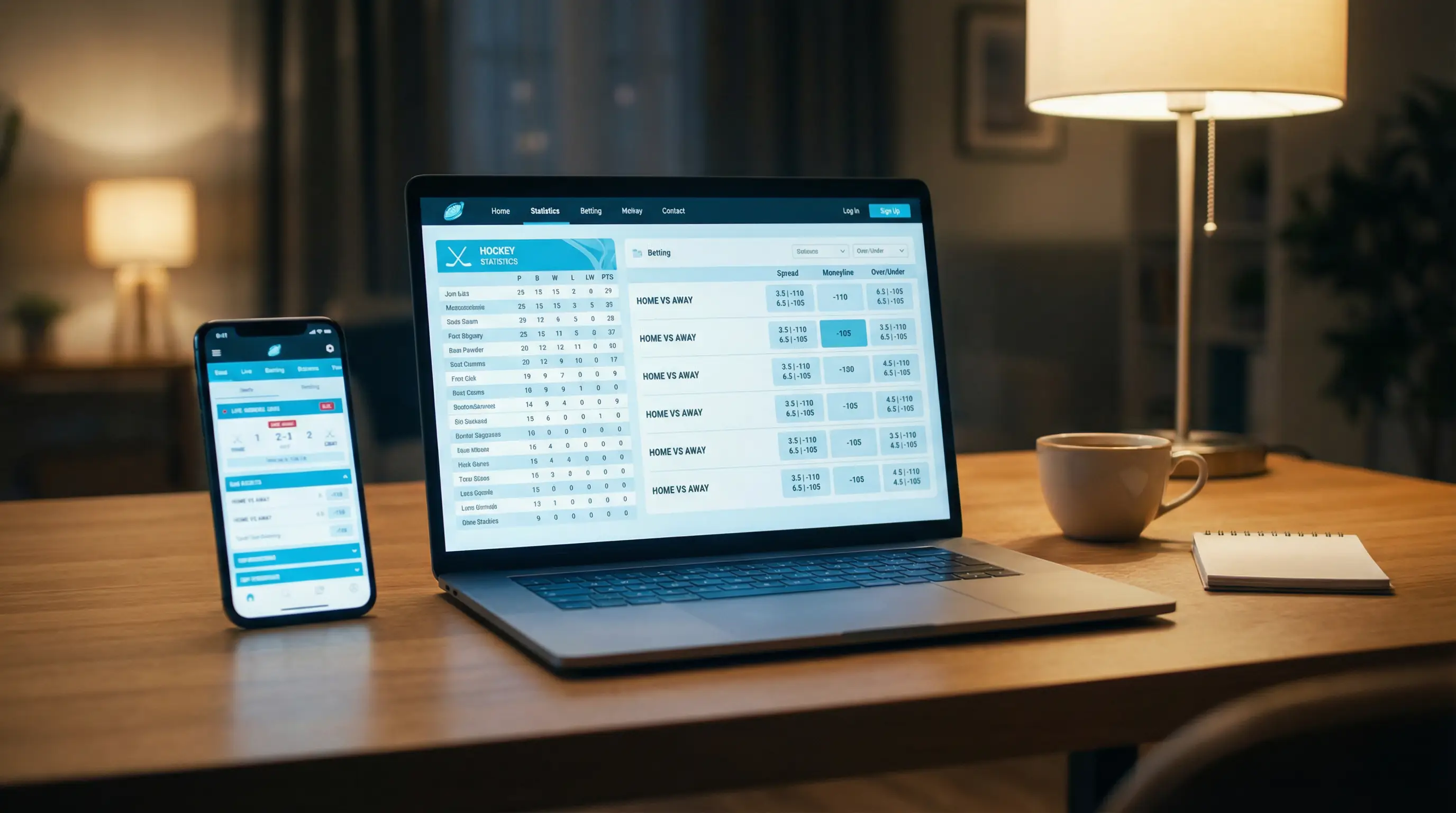 Interfaz de casa de apuestas mostrando mercados de hockey NHL con líneas de moneyline puckline y totales